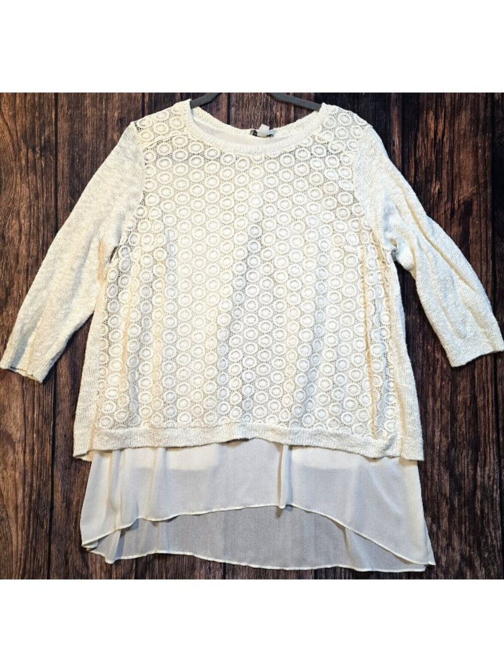Lucky Brand 3/4 Sleeve Boho Ivory Lace Pullover Sweater Sheer Open Back Women 1X